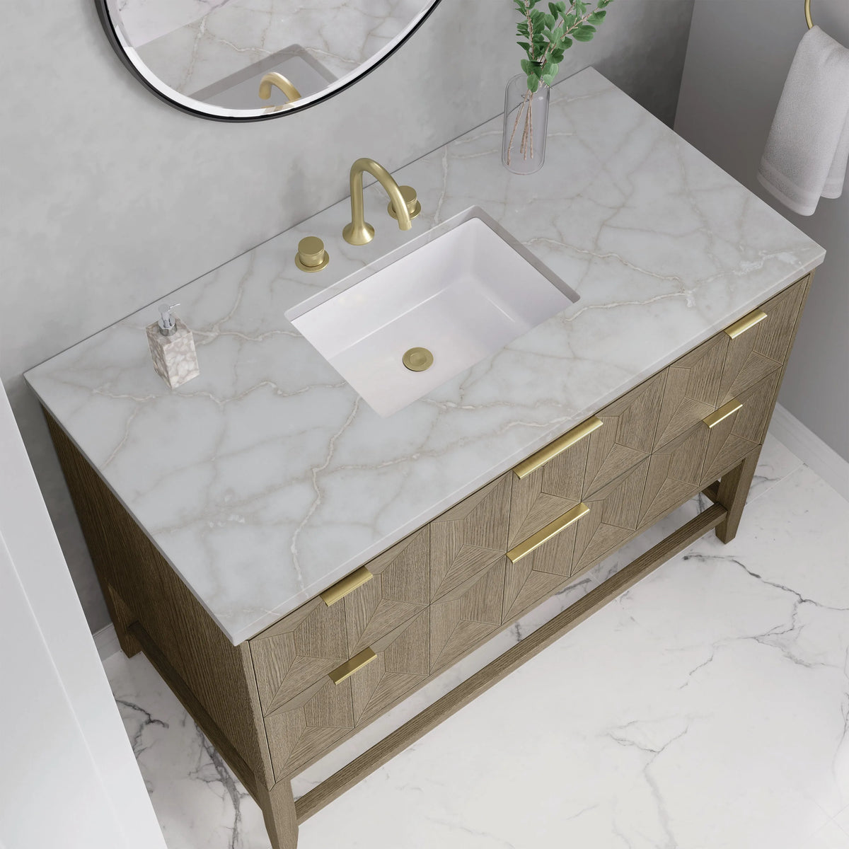 Emmeline 48" Single Vanity, Pebble Oak w/ 3 CM Victorian Silver Silestone Top