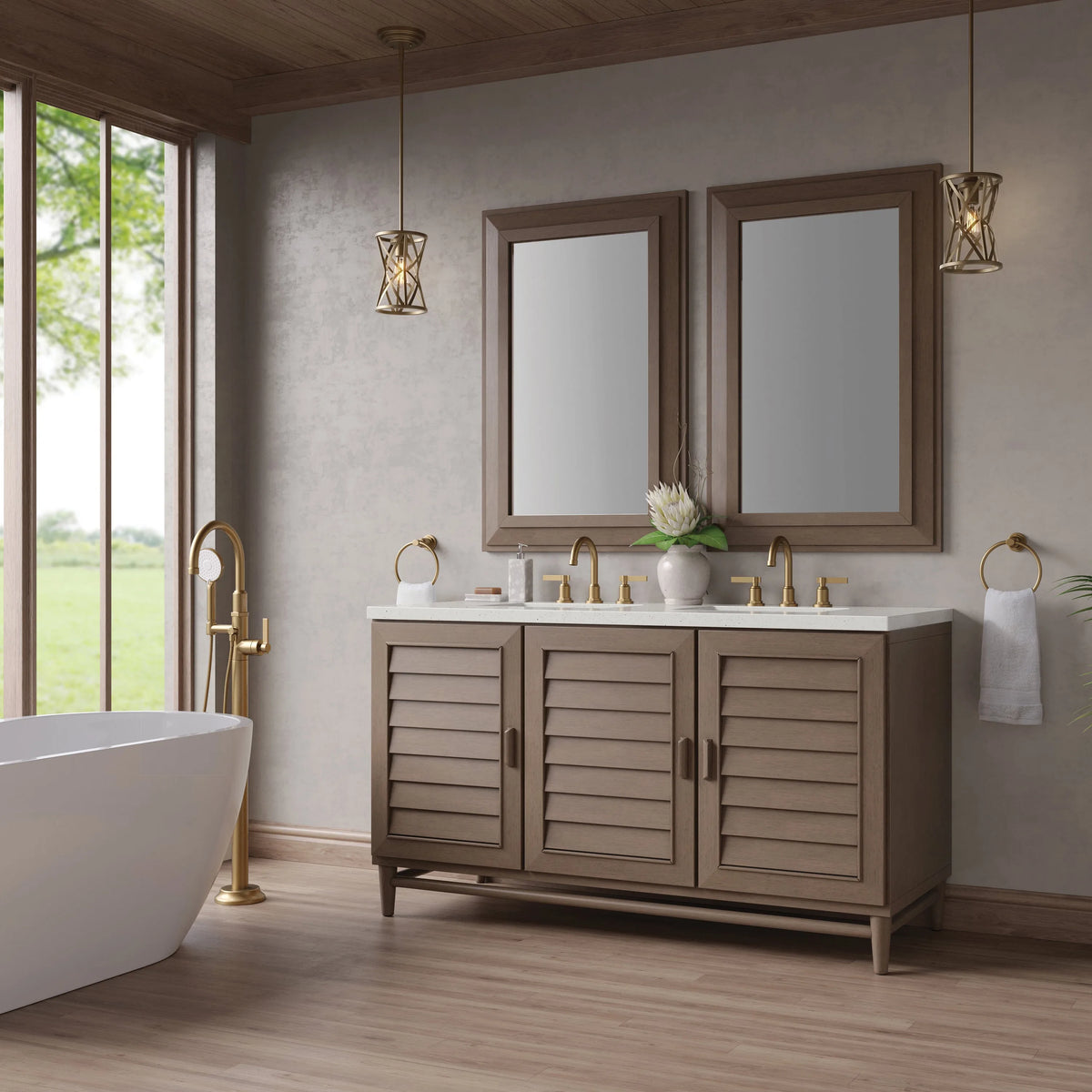 Portland 60" Double Vanity Whitewashed Walnut w/ 3 CM Lime Delight Silestone Top