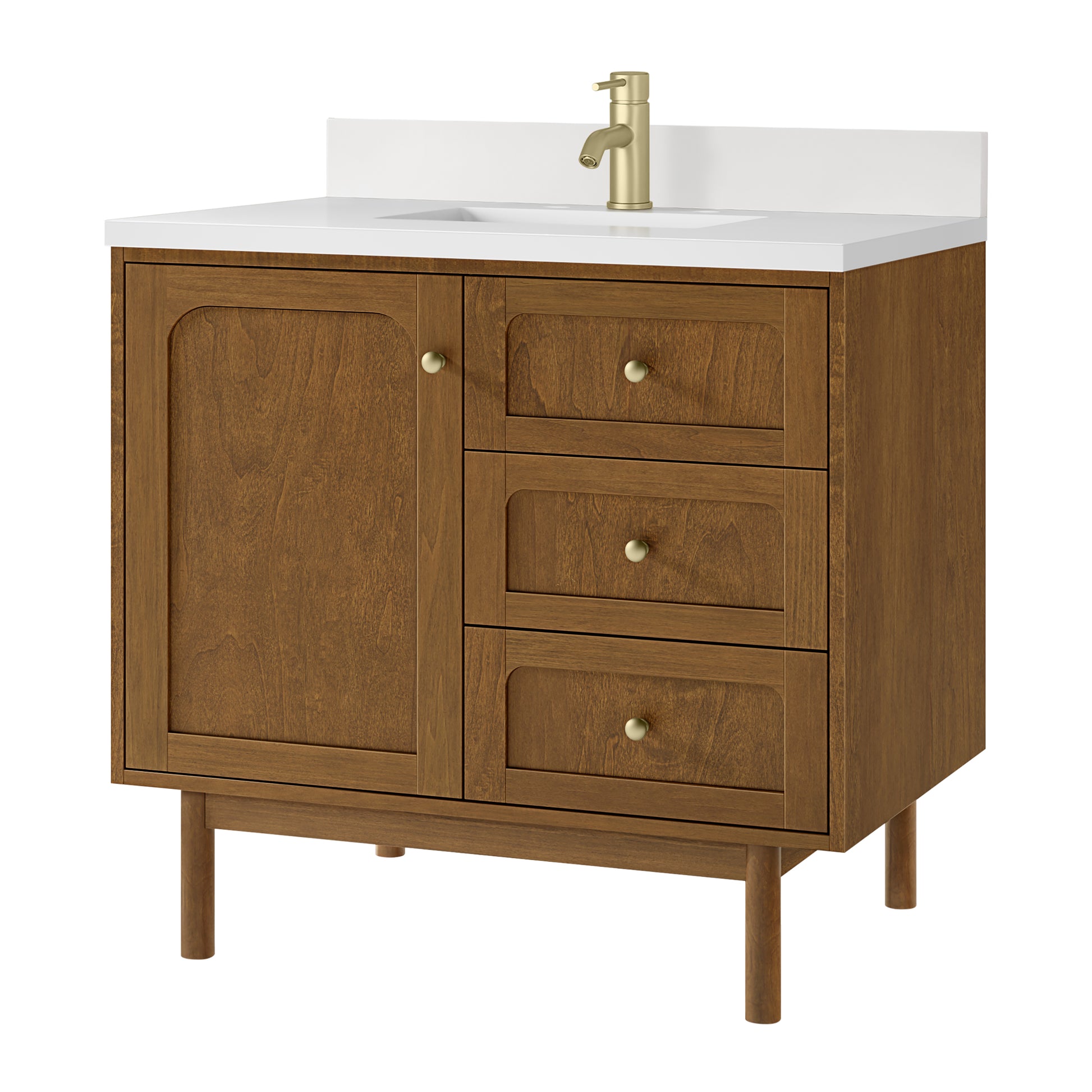 Renovate for Less Atlanta Laurent 36" Single Vanity, Honey Oak w/ Single Hole 3 CM White Zeus Silestone Top and Matching Backsplash
