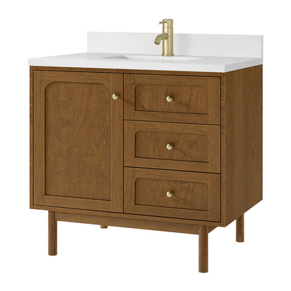 Renovate for Less Atlanta Laurent 36" Single Vanity, Honey Oak w/ Single Hole 3 CM White Zeus Silestone Top and Matching Backsplash