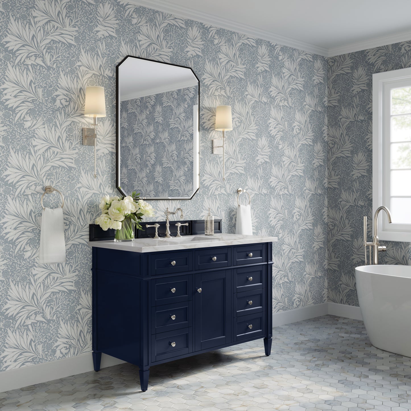 Renovate for Less Atlanta Brittany 48" Single Vanity, Victory Blue w/ 3 CM Victorian Silver Silestone Top w/FreePower Wireless Charger