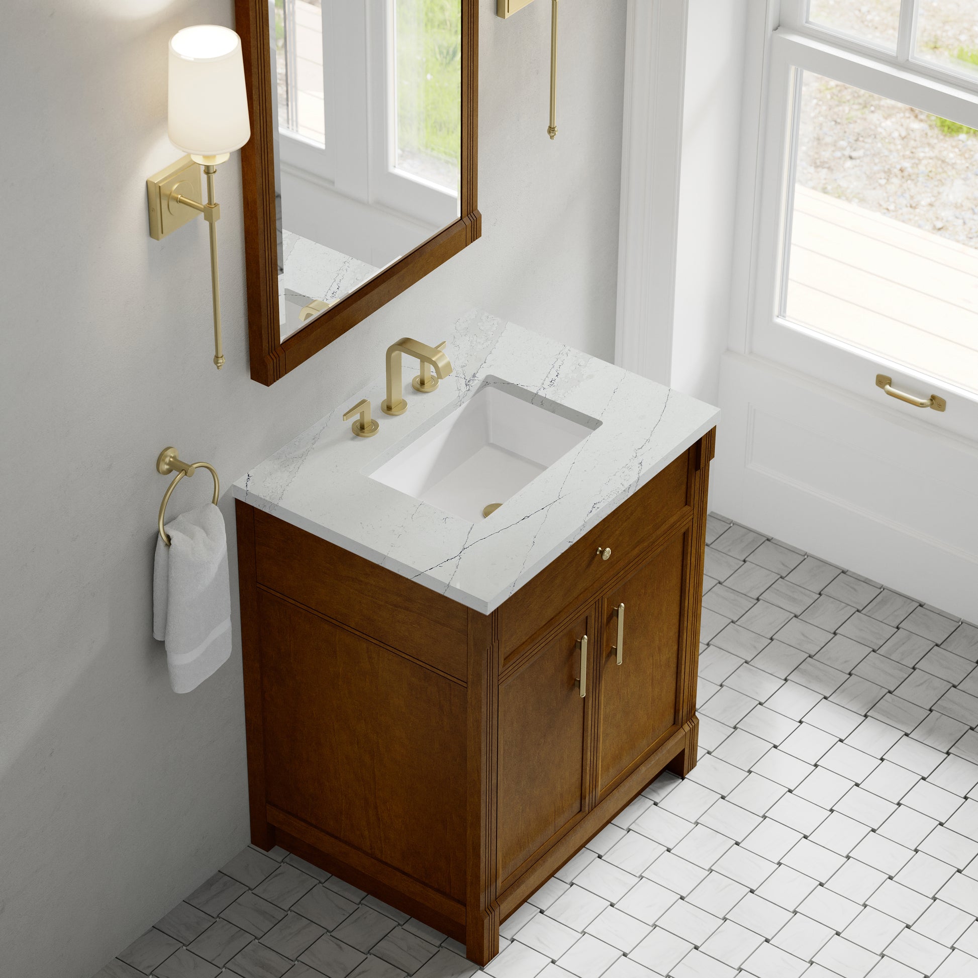 Renovate for Less Atlanta Bellshire 30" Single Vanity, Honey Oak w/ 3 CM Ethereal Noctis Silestone Top