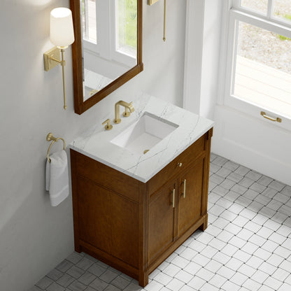 Renovate for Less Atlanta Bellshire 30" Single Vanity, Honey Oak w/ 3 CM Ethereal Noctis Silestone Top