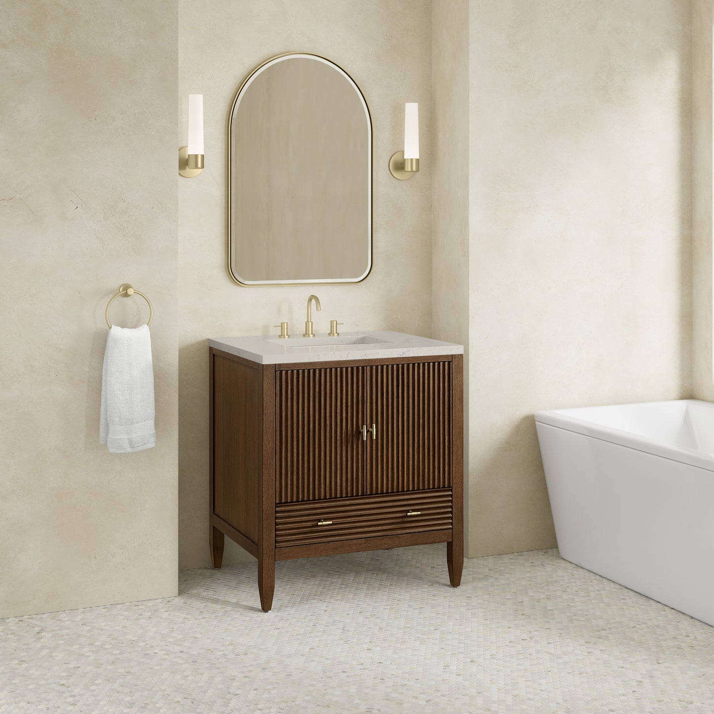 Renovate for Less Atlanta Myrrin 30" Single Vanity, Mid-Century Walnut w/ 3 CM Siberian Silestone Top