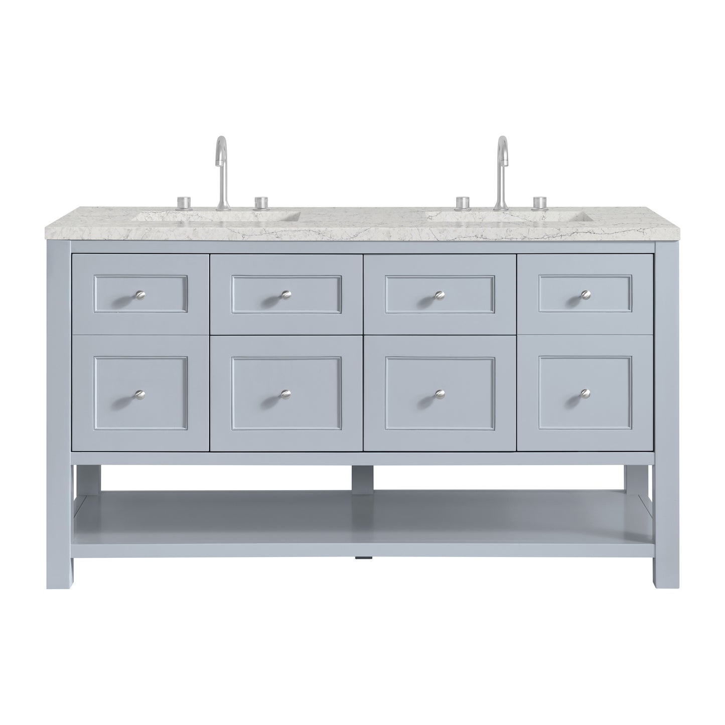 Renovate for Less Atlanta Breckenridge 60" Double Vanity, Serenity Blue, w/ 3 CM Eternal Jasmine Pearl Quartz Top w/FreePower Wireless Charger