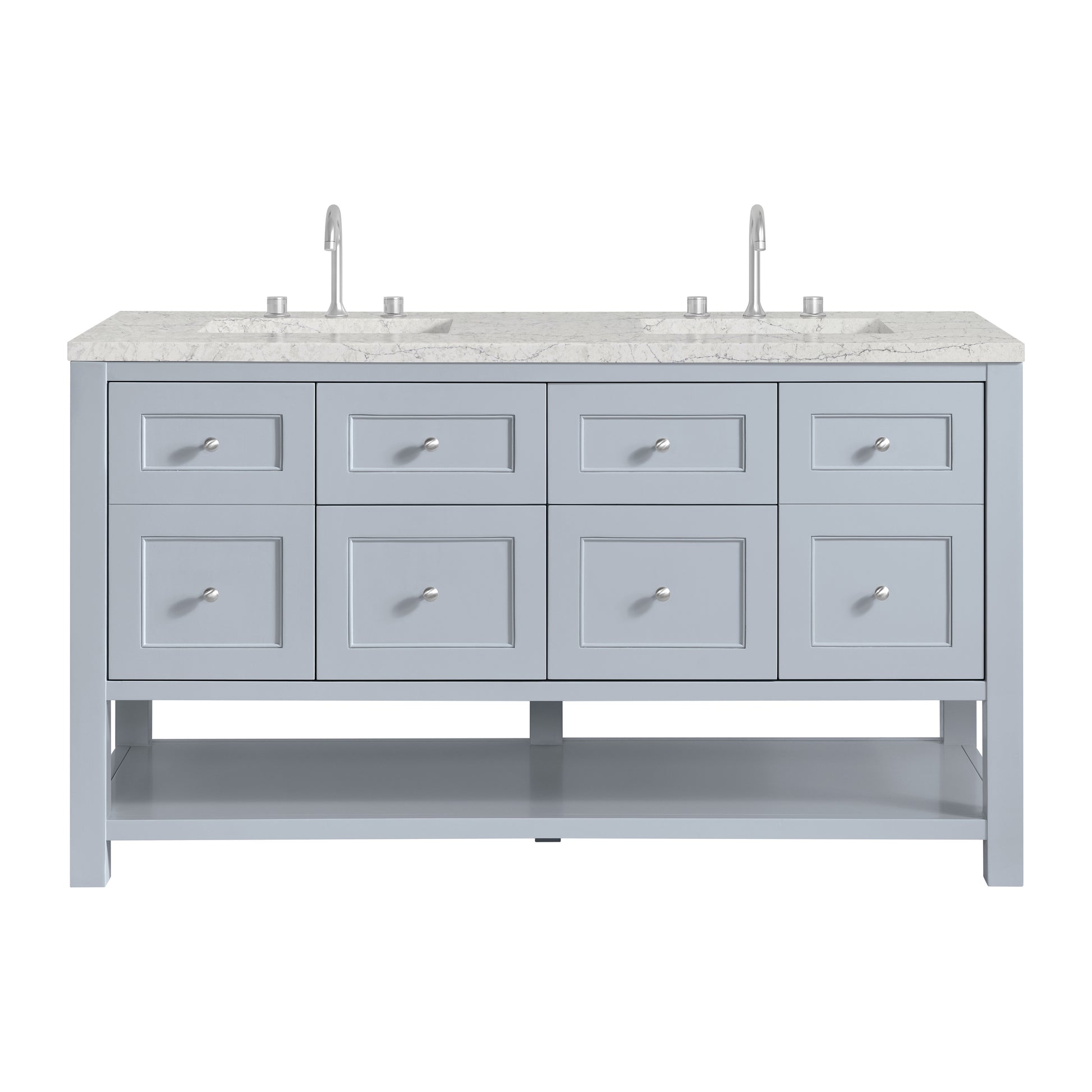 Renovate for Less Atlanta Breckenridge 60" Double Vanity, Serenity Blue, w/ 3 CM Eternal Jasmine Pearl Quartz Top w/FreePower Wireless Charger