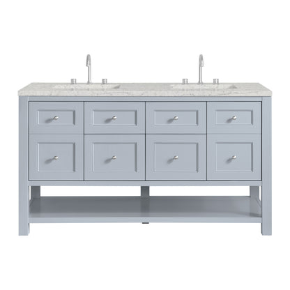 Renovate for Less Atlanta Breckenridge 60" Double Vanity, Serenity Blue, w/ 3 CM Eternal Jasmine Pearl Quartz Top w/FreePower Wireless Charger