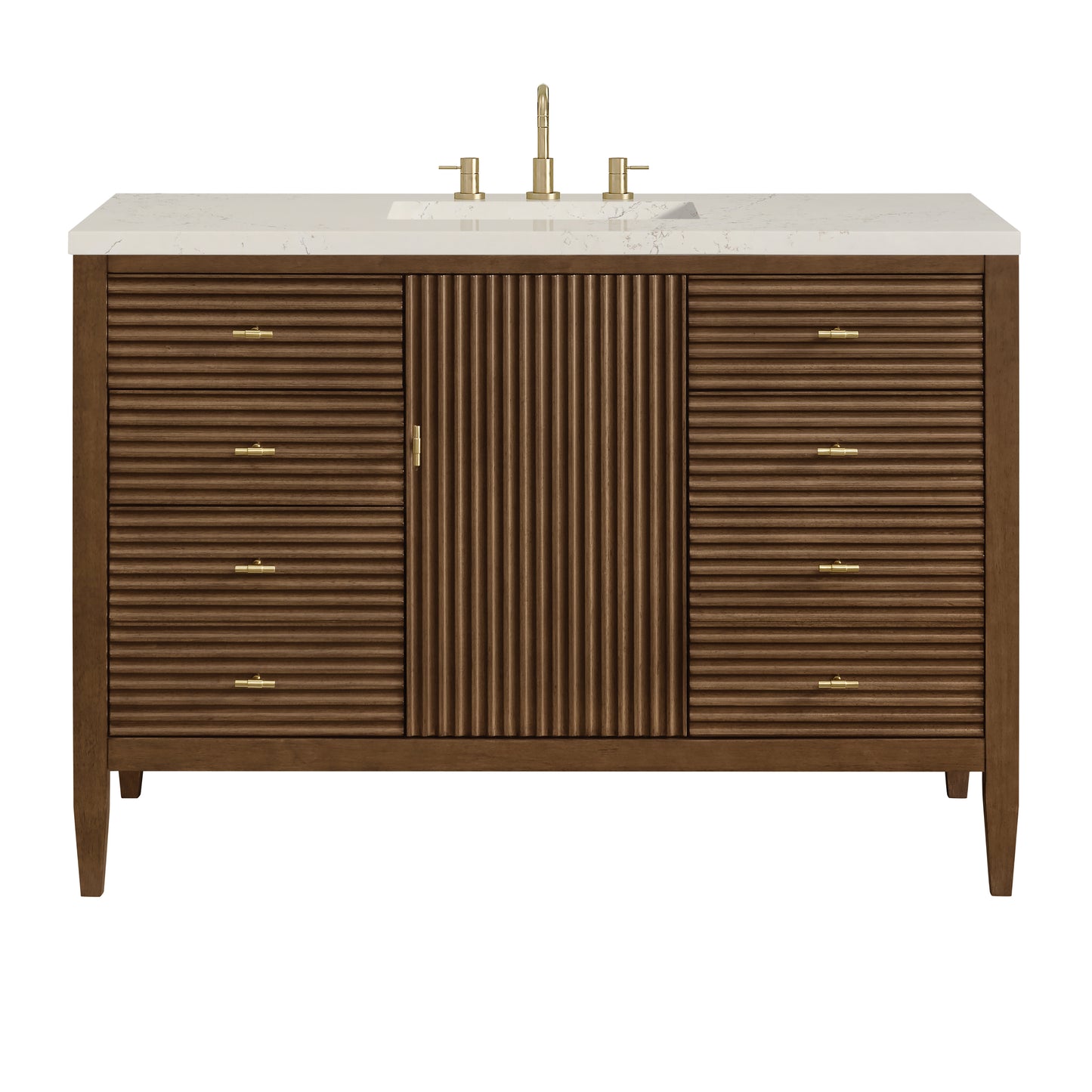 Renovate for Less Atlanta Myrrin 48" Single Vanity, Mid Century Walnut, w/ 3 CM Siberian Silestone Top w/FreePower Wireless Charger