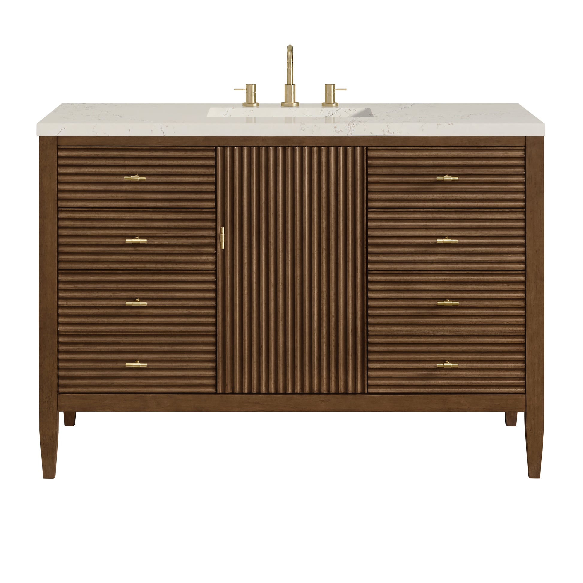 Renovate for Less Atlanta Myrrin 48" Single Vanity, Mid Century Walnut, w/ 3 CM Siberian Silestone Top w/FreePower Wireless Charger