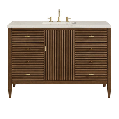 Renovate for Less Atlanta Myrrin 48" Single Vanity, Mid Century Walnut, w/ 3 CM Siberian Silestone Top w/FreePower Wireless Charger