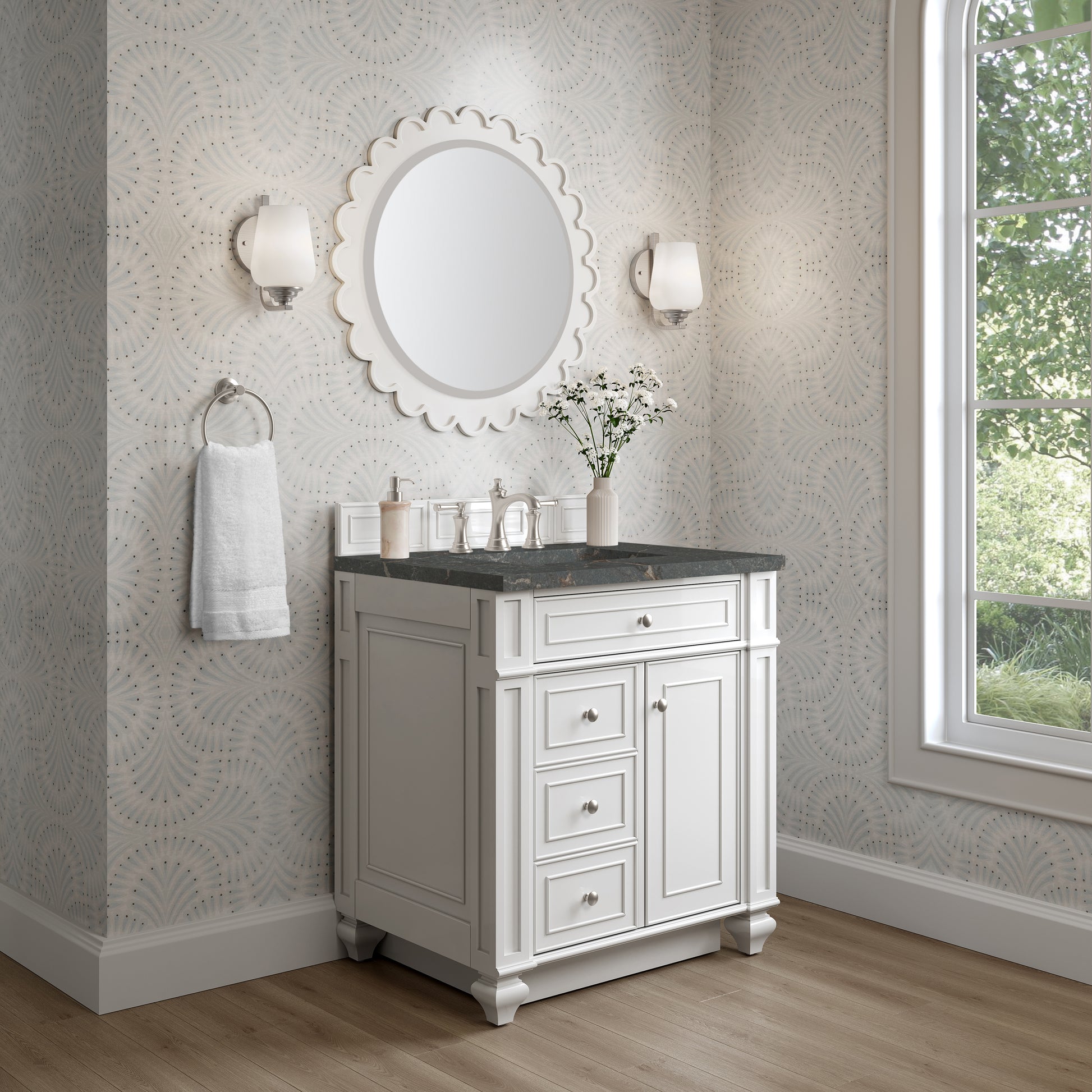 Renovate for Less Atlanta Bristol 30" Single Vanity, Bright White w/ 3 CM Parisien Bleu Silestone Top