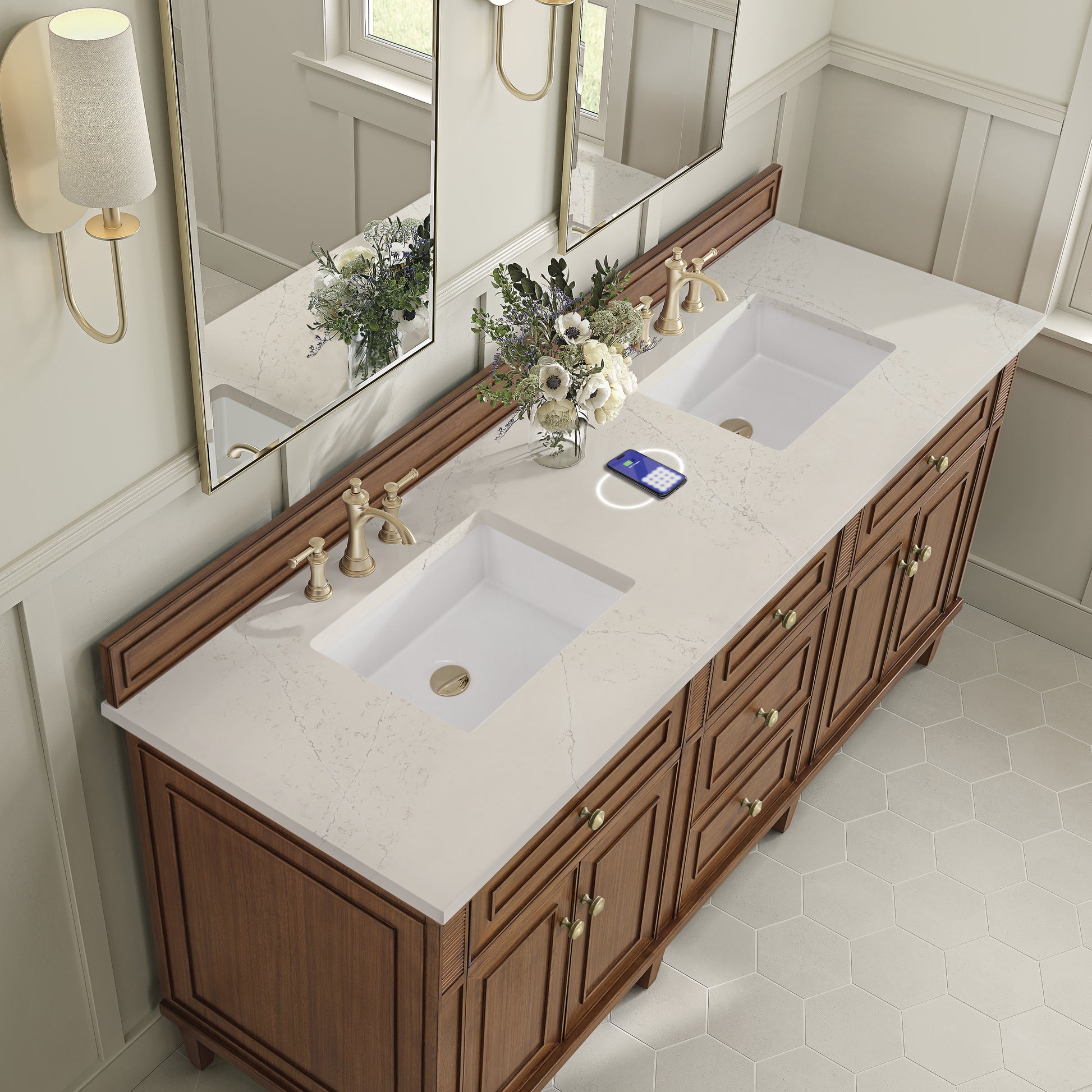 Renovate for Less Atlanta Lorelai 72" Double Vanity, Mid-Century Walnut, w/ 3 CM Siberian Silestone Top w/FreePower Wireless Charger