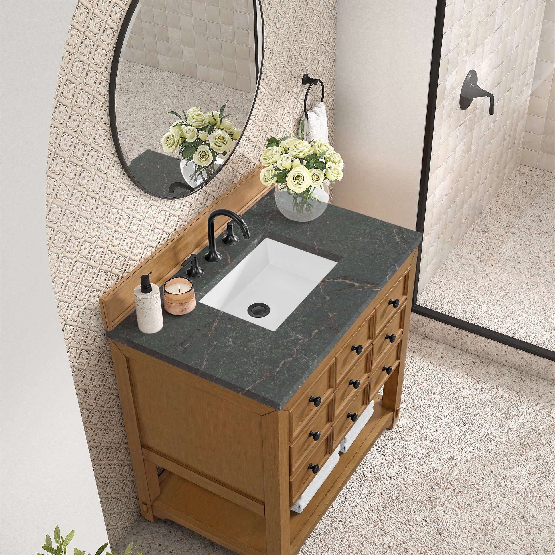 Renovate for Less Atlanta Malibu 36" Single Vanity, Amber Birch w/ 3 CM Parisien Bleu Top