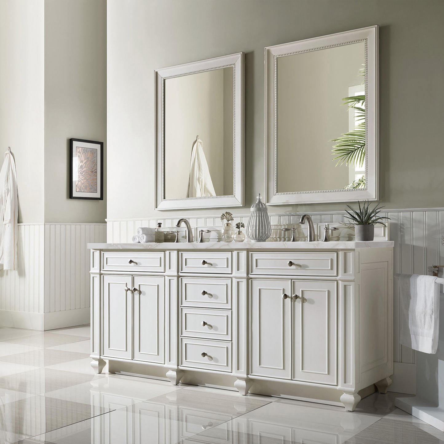 Renovate for Less Atlanta Bristol 72" Double Vanity, Bright White w/ 3 CM Victorian Silver Silestone Top w/FreePower Wireless Charger