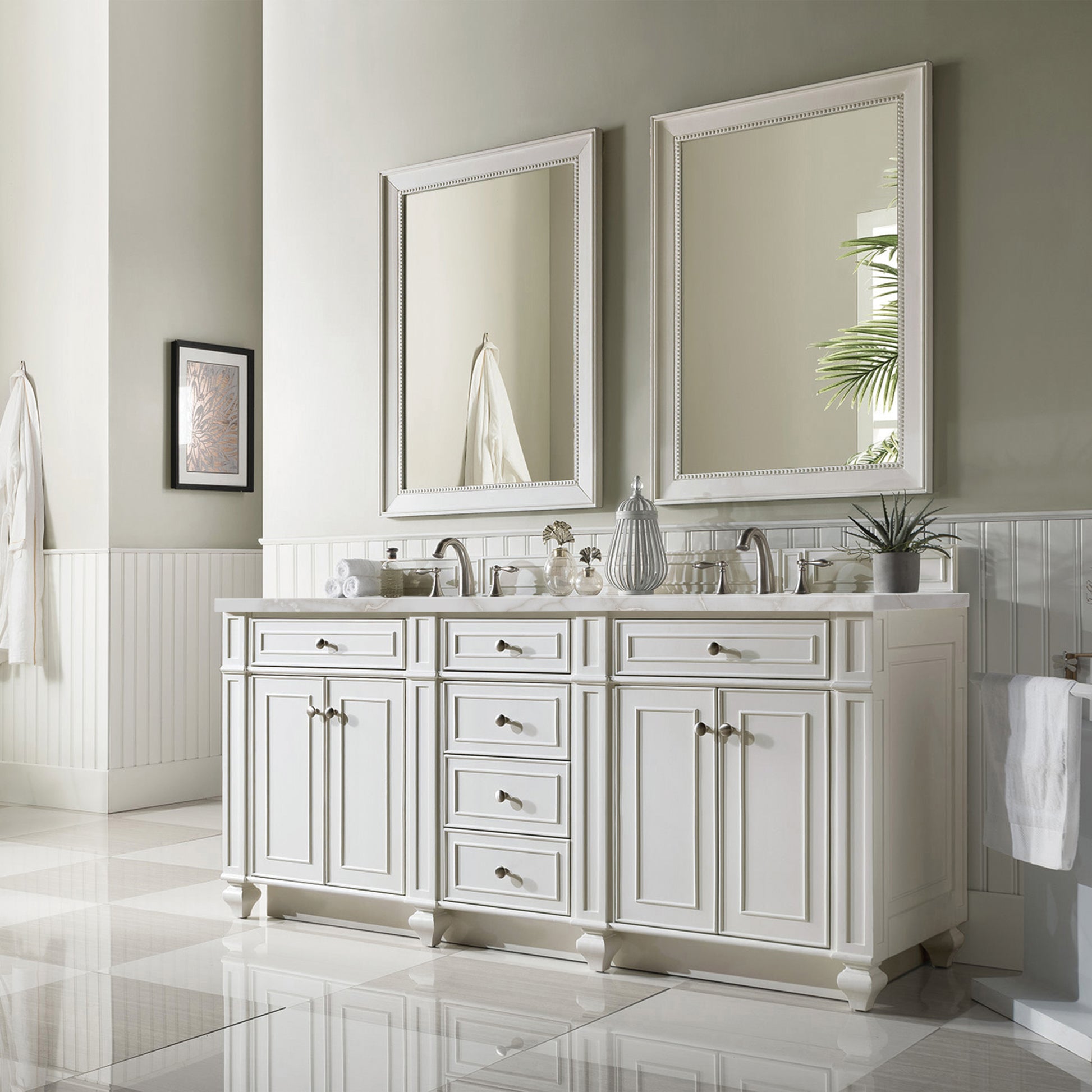 Renovate for Less Atlanta Bristol 72" Double Vanity, Bright White w/ 3 CM Victorian Silver Silestone Top w/FreePower Wireless Charger