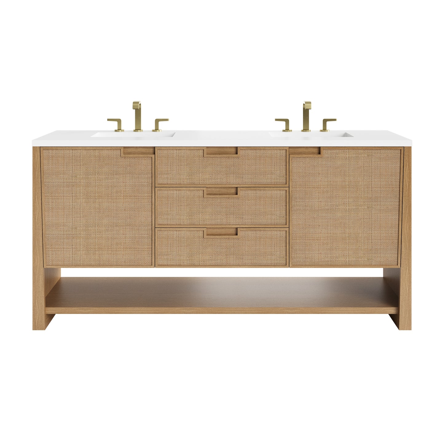 Renovate for Less Atlanta Solene 72" Double Vanity, Seaside Oak, w/ Single Hole 3 CM White Zeus Quartz Top & Backsplash