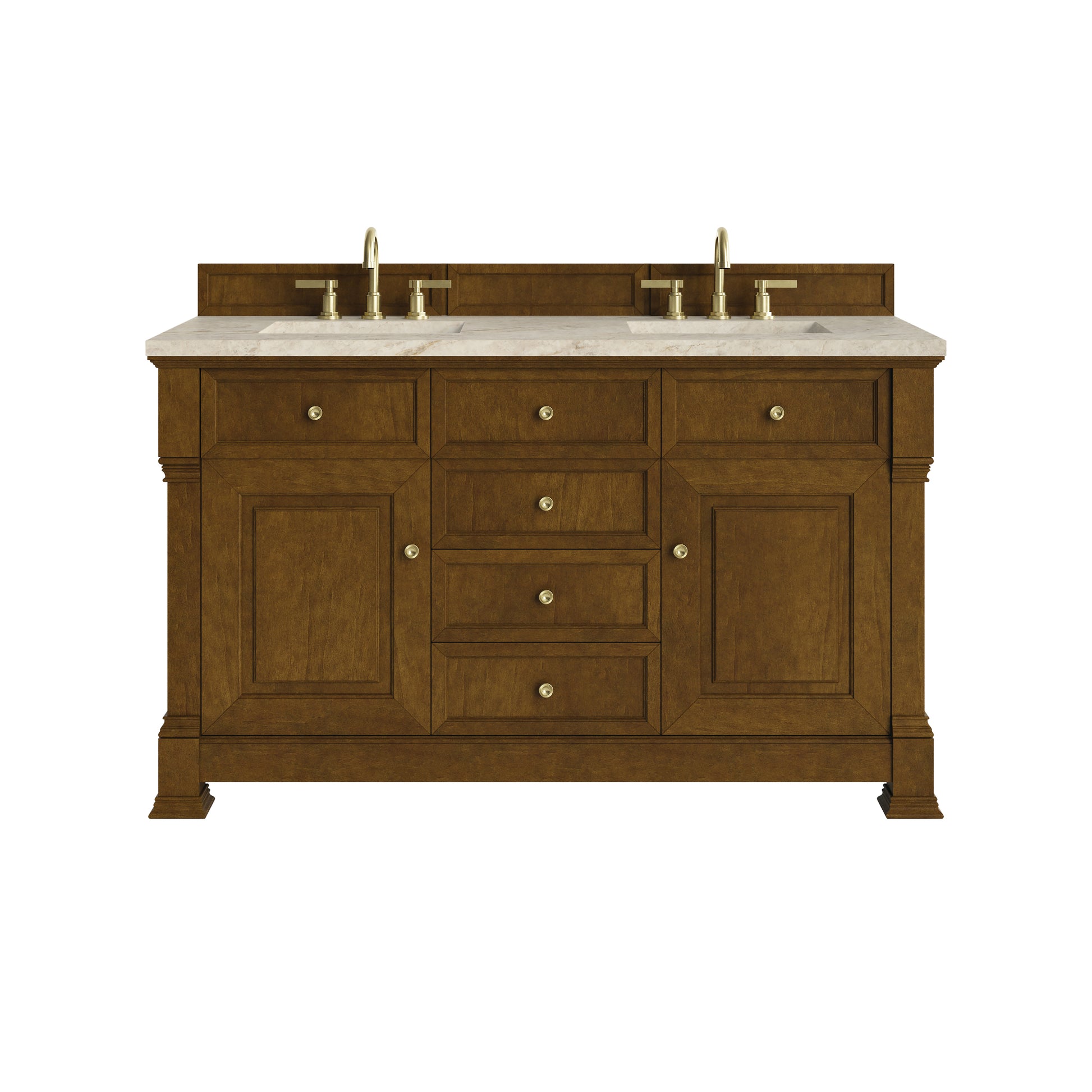Renovate for Less Atlanta Brookfield 60" Double Vanity, Honey Oak, w/ 3 CM Tajnar Eclos Top w/FreePower Wireless Charger