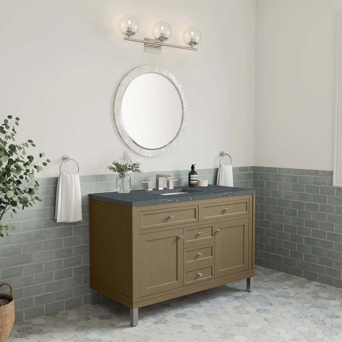 Chicago 48" Single Vanity, Walnut Whisper, w/ 3 CM Parisien Bleu Silestone® Top w/FreePower Wireless Charger