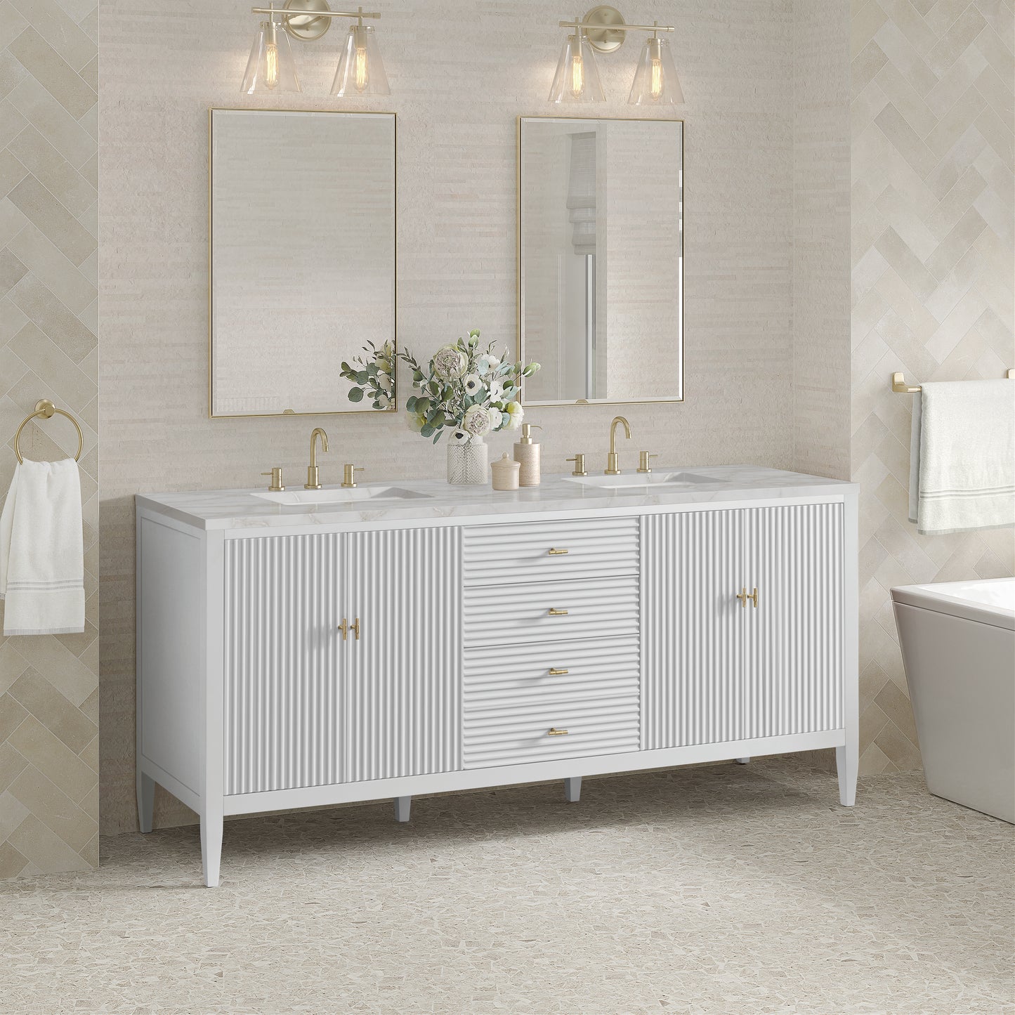 Renovate for Less Atlanta Myrrin 72" Double Vanity, Bright White w/ 3 CM Victorian Silver Silestone Top w/FreePower Wireless Charger