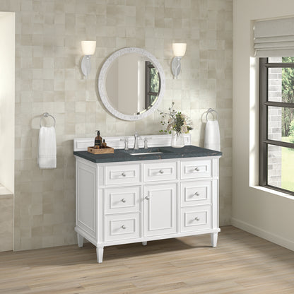 Renovate for Less Atlanta Lorelai 48" Single Vanity, Bright White w/ 3 CM Parisien Bleu Silestone Top w/FreePower Wireless Charger