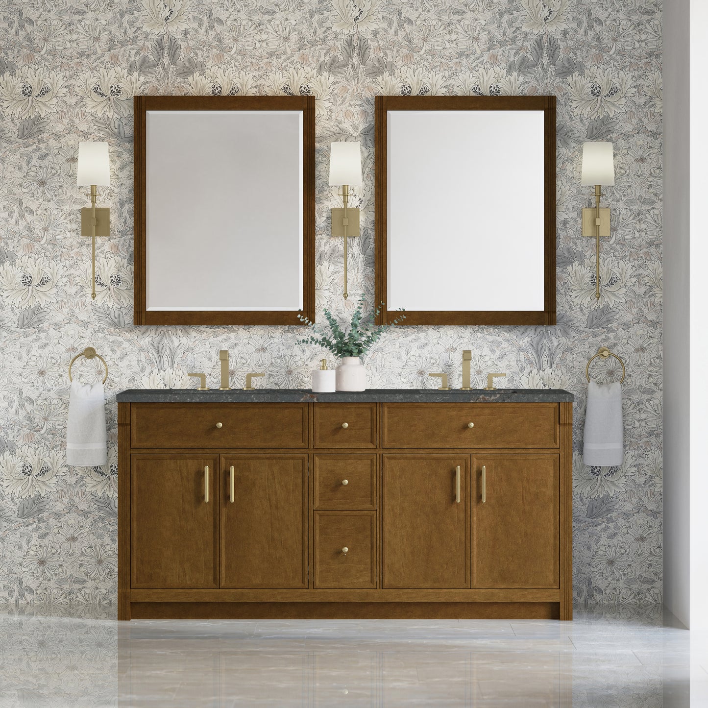Renovate for Less Atlanta Bellshire 72" Double Vanity, Honey Oak w/ 3 CM Parisien Bleu Silestone Top w/FreePower Wireless Charger