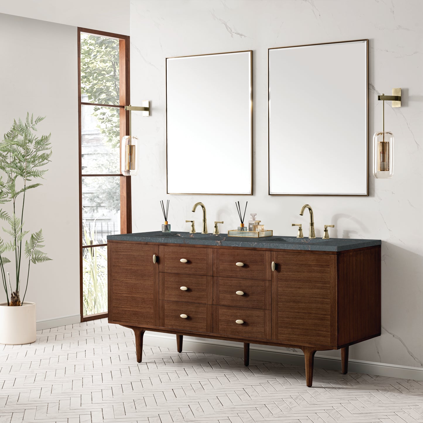 Renovate for Less Atlanta Amberly 72" Double Vanity, Mid-Century Walnut w/ 3 CM Parisien Bleu Top w/FreePower Wireless Charger