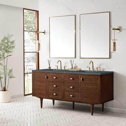 Renovate for Less Atlanta Amberly 72" Double Vanity, Mid-Century Walnut w/ 3 CM Parisien Bleu Top w/FreePower Wireless Charger