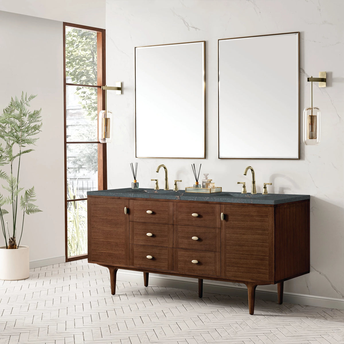 Amberly 72" Double Vanity, Mid-Century Walnut w/ 3 CM Parisien Bleu Top w/FreePower Wireless Charger
