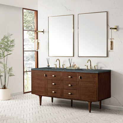 Amberly 72" Double Vanity, Mid-Century Walnut w/ 3 CM Parisien Bleu Top w/FreePower Wireless Charger