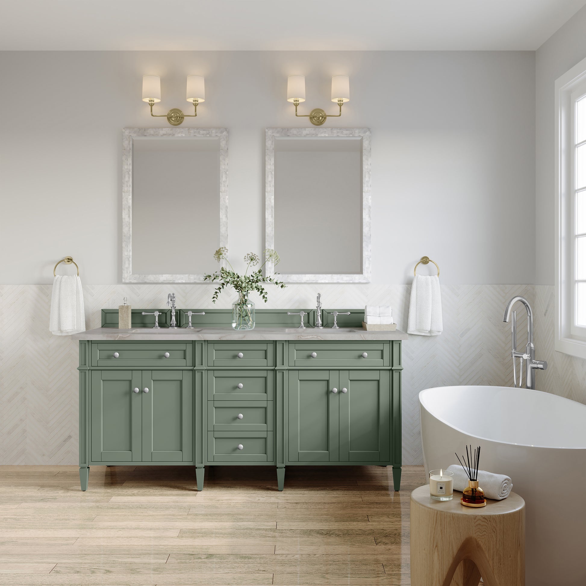 Renovate for Less Atlanta Brittany 72" Double Vanity, Smokey Celadon w/ 3 CM Victorian Silver Top