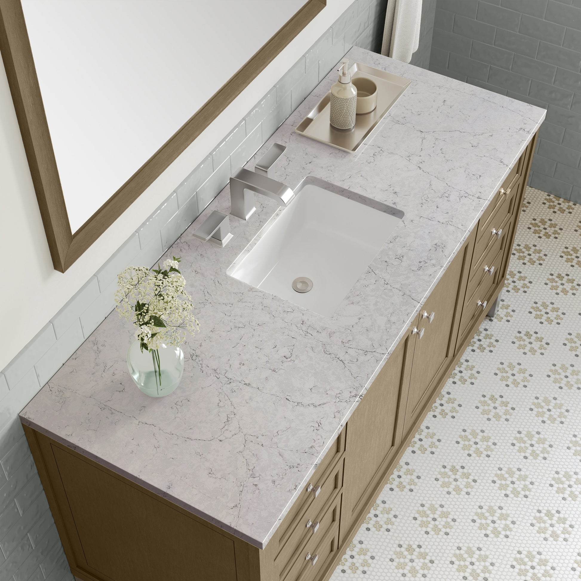 Renovate for Less Atlanta Chicago 60" Single Vanity, Walnut Whisper, w/ 3 CM Eternal Jasmine Pearl Silestone® Top