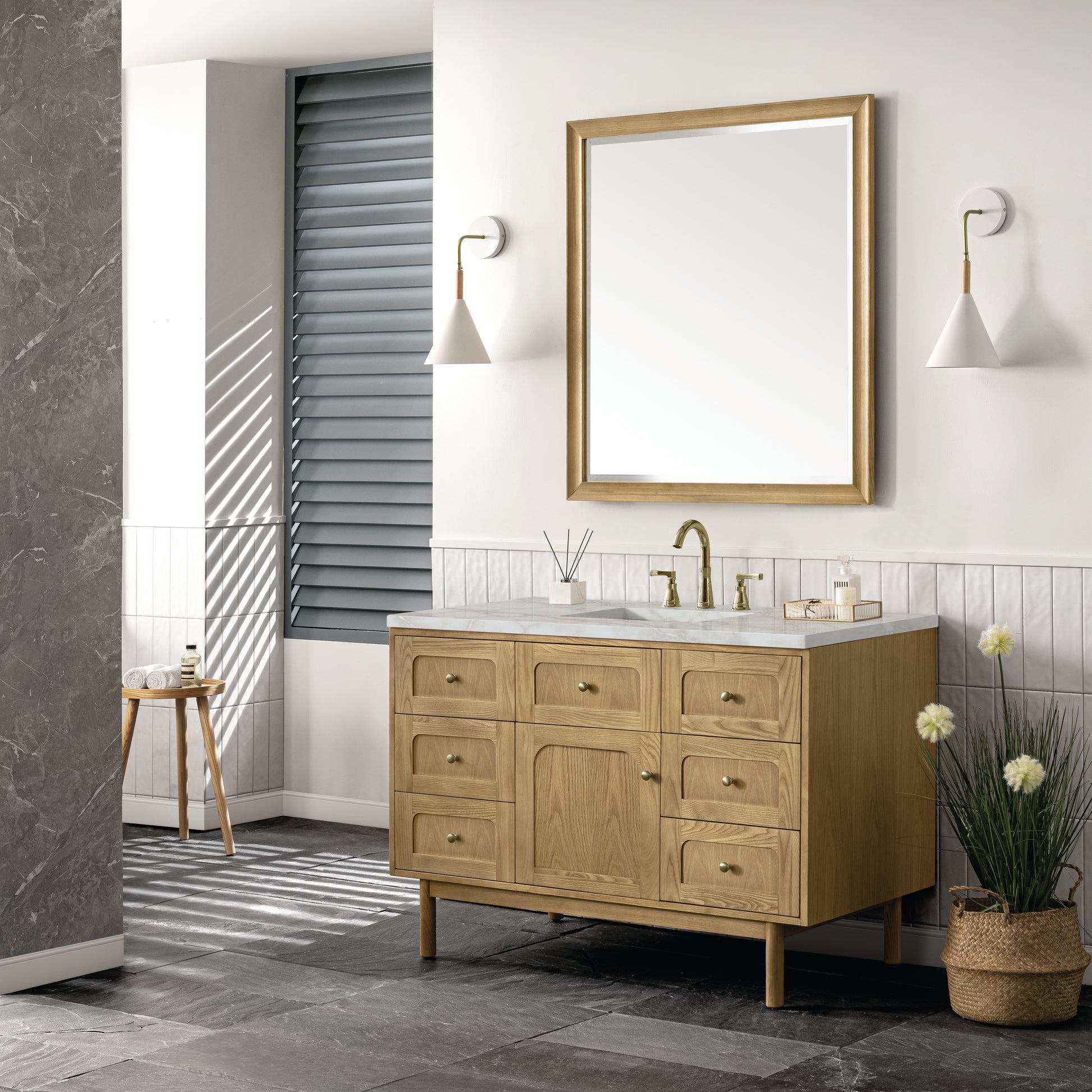 Renovate for Less Atlanta Laurent 48" Single Vanity, Light Natural Oak w/ 3 CM Victorian Silver Top w/FreePower Wireless Charger