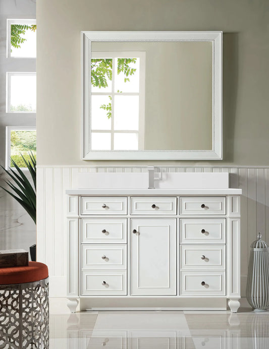 Bristol 48" Single Vanity, Bright White w/ Single Hole 3 CM White Zeus Silestone Top & Backsplash