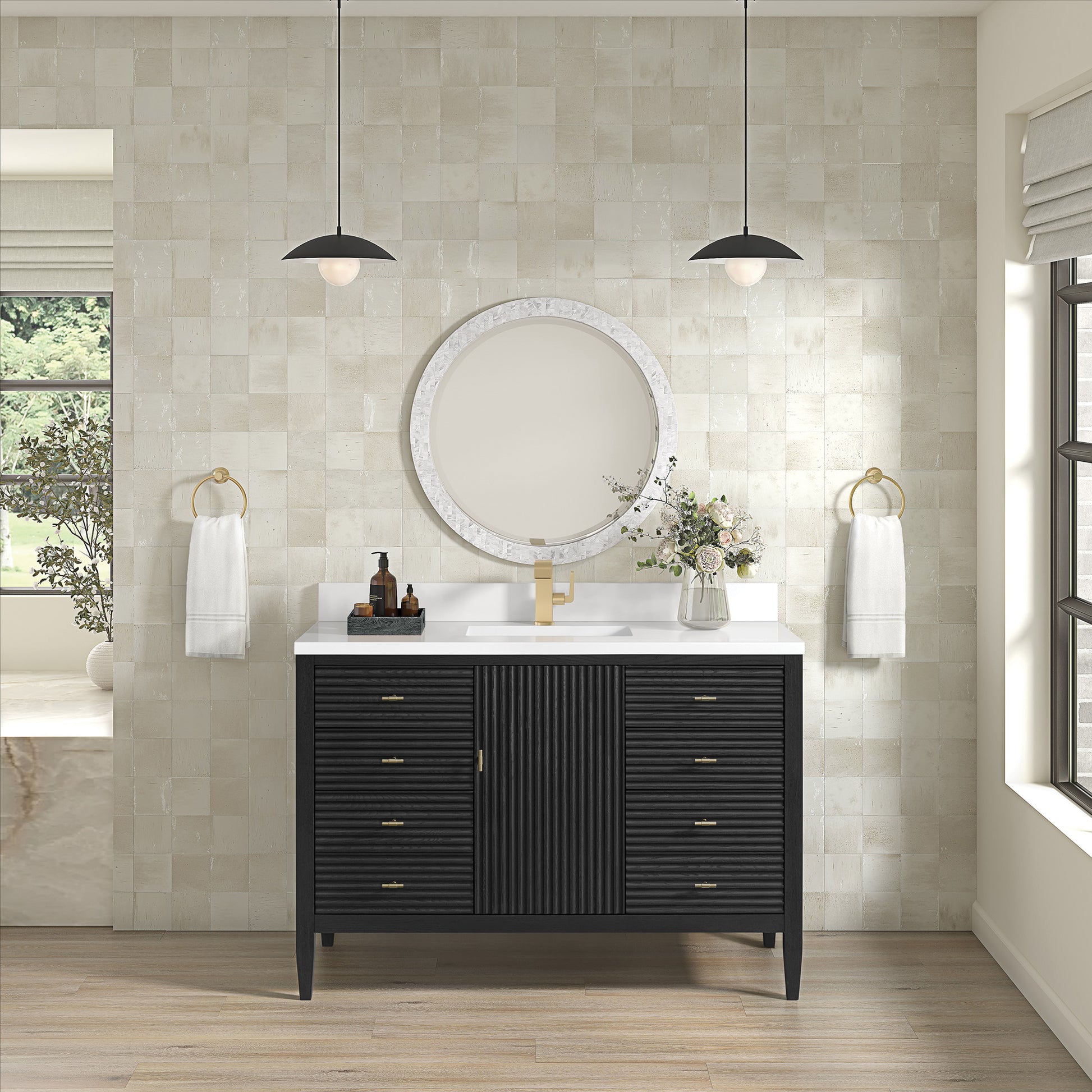 Renovate for Less Atlanta Myrrin 48" Vanity, Carbon Oak w/ Single Hole 3 CM White Zeus Silestone Top & Backsplash