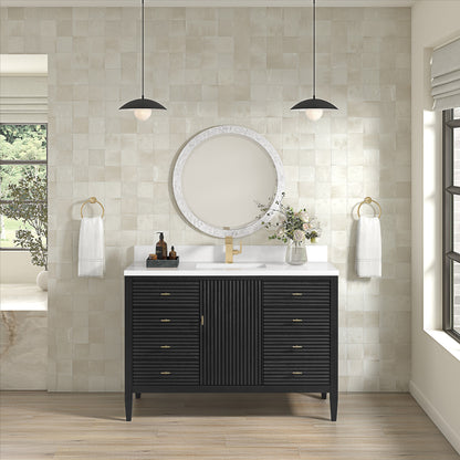 Renovate for Less Atlanta Myrrin 48" Vanity, Carbon Oak w/ Single Hole 3 CM White Zeus Silestone Top & Backsplash