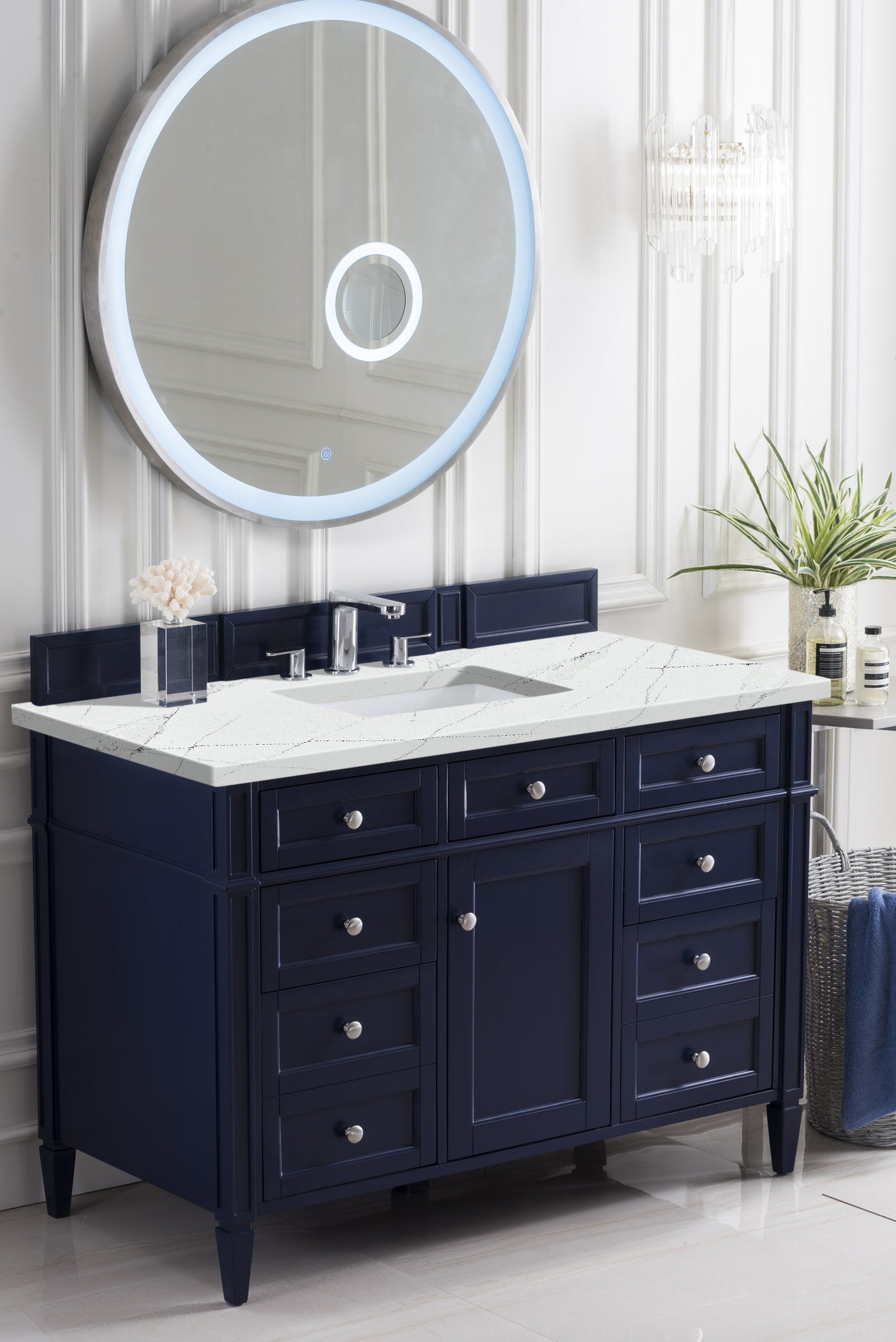 Renovate for Less Atlanta Brittany 48" Single Vanity, Victory Blue w/ 3 CM Ethereal Noctis Silestone Top w/FreePower Wireless Charger