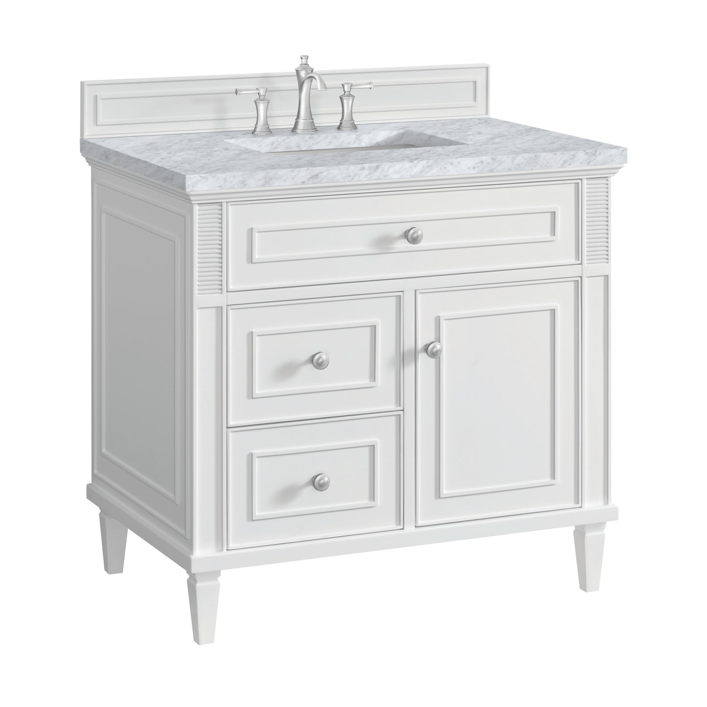 Renovate for Less Atlanta Lorelai 36" Single Vanity, Bright White w/ 3 CM Carrara White Marble Top