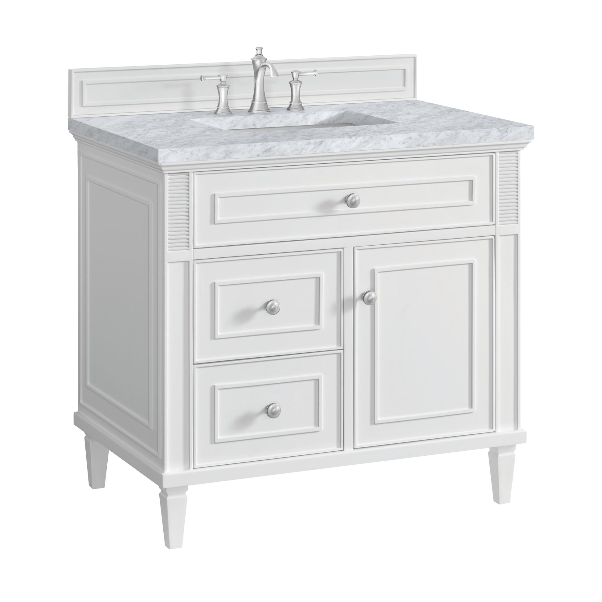 Renovate for Less Atlanta Lorelai 36" Single Vanity, Bright White w/ 3 CM Carrara White Marble Top