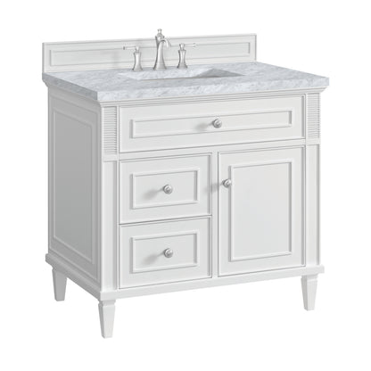 Renovate for Less Atlanta Lorelai 36" Single Vanity, Bright White w/ 3 CM Carrara White Marble Top