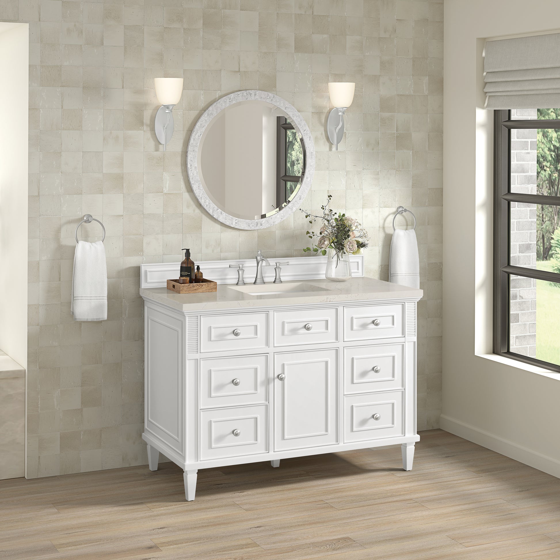 Renovate for Less Atlanta Lorelai 48" Single Vanity, Bright White, w/ 3 CM Siberian Silestone Top w/FreePower Wireless Charger