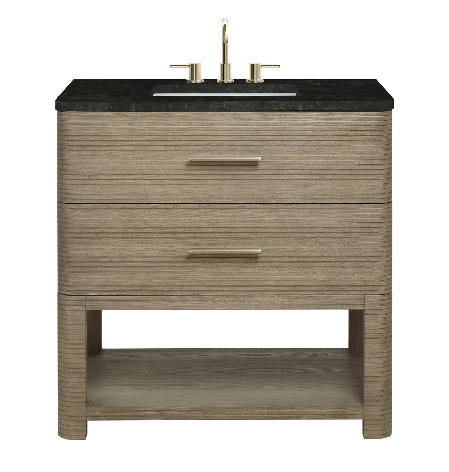 Renovate for Less Atlanta Lucian 36" Single Vanity, Pebble Oak, w/ 3 CM Phantome Eclos Widespread Top