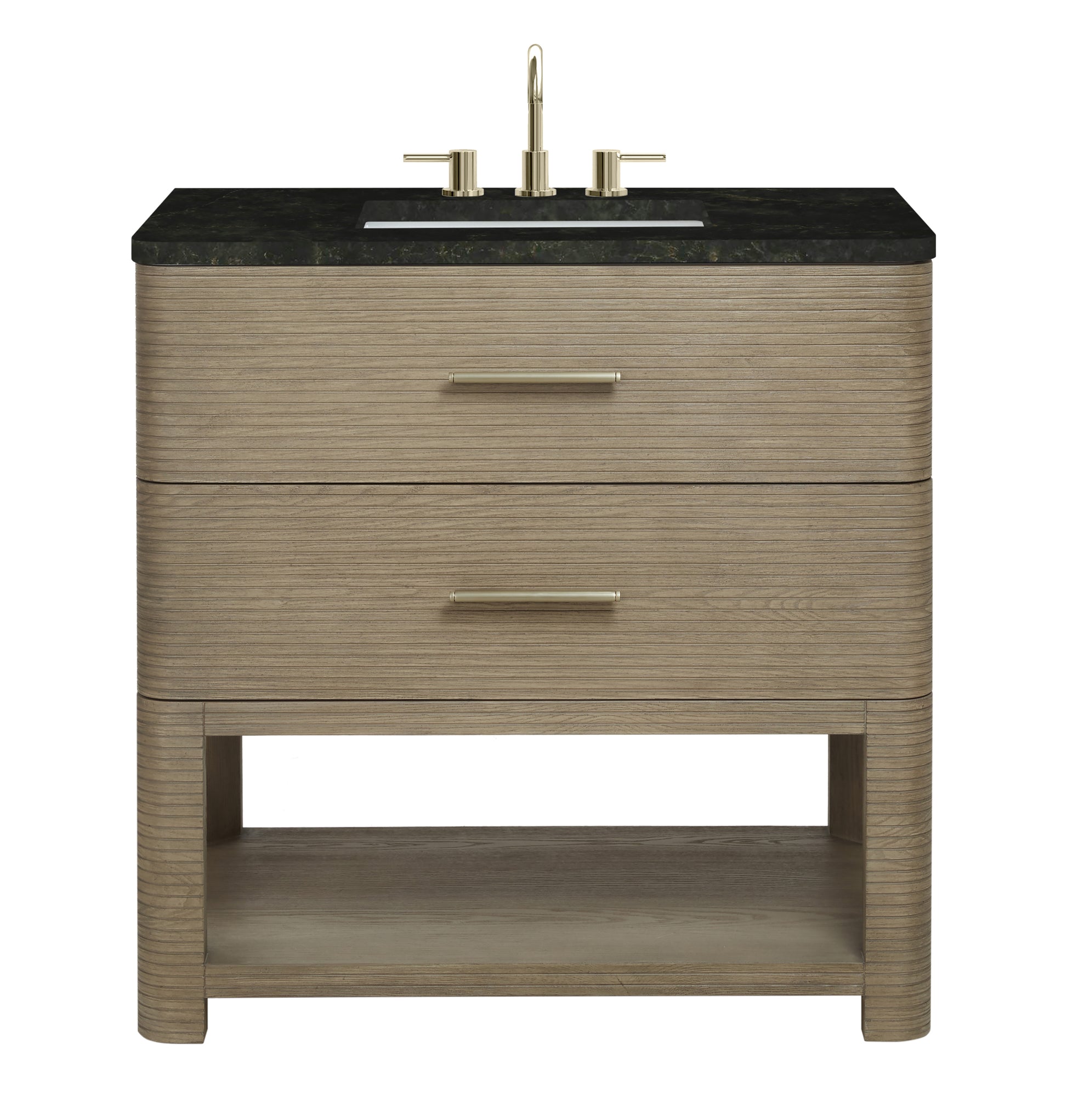 Renovate for Less Atlanta Lucian 36" Single Vanity, Pebble Oak, w/ 3 CM Phantome Eclos Widespread Top