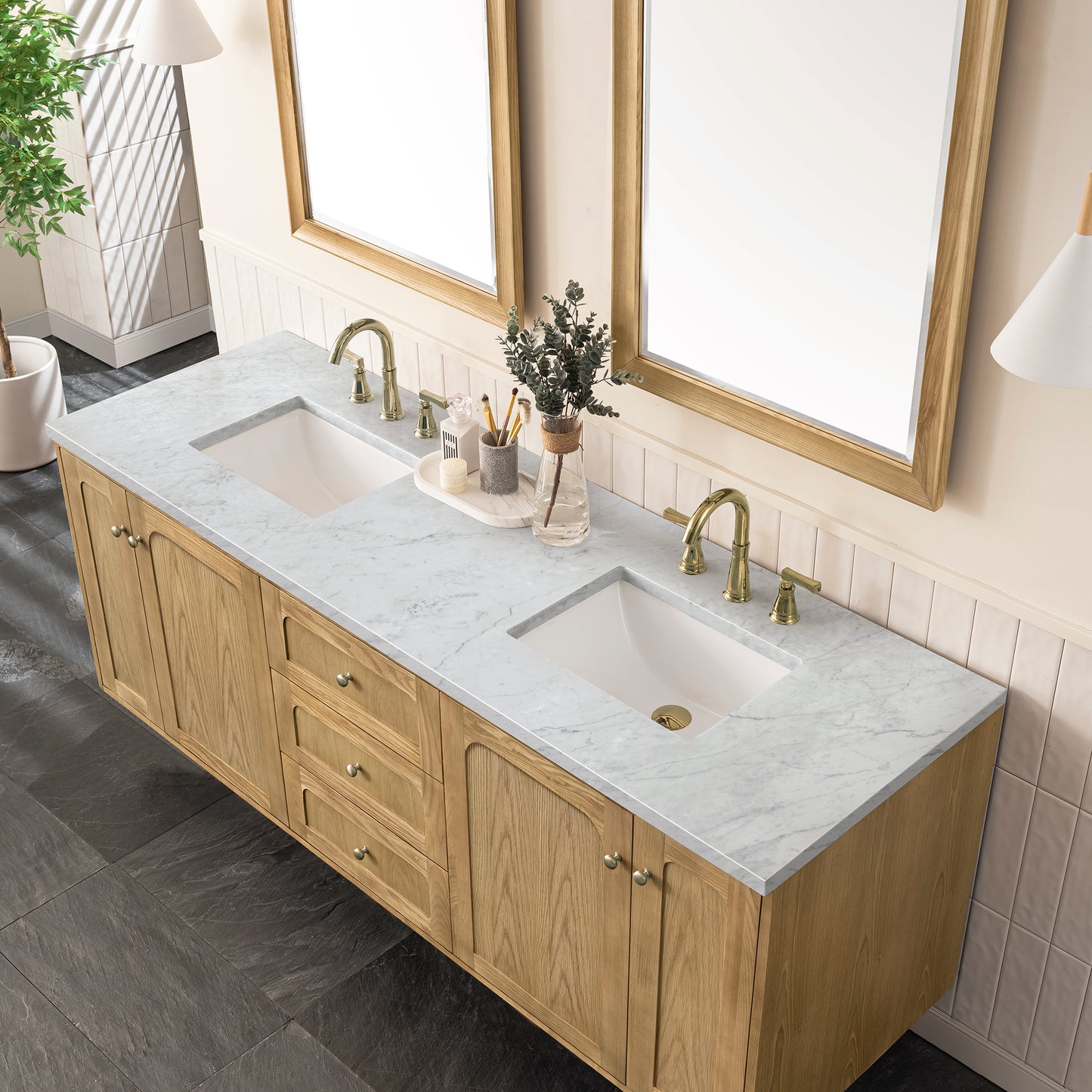Renovate for Less Atlanta Laurent 72" Double Vanity, Light Natural Oak w/ 3 CM Carrara Marble Top