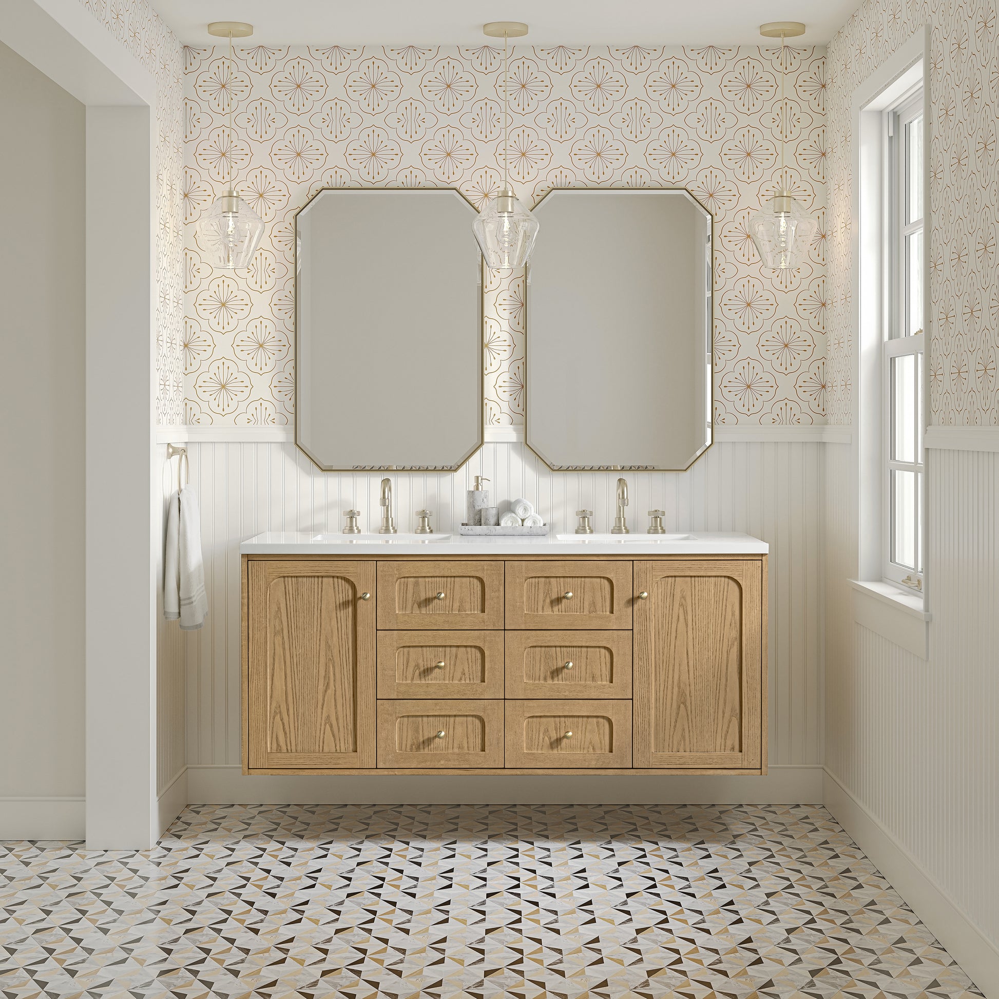 Renovate for Less Atlanta Laurent 60" Double Vanity, Light Natural Oak, w/ 3 CM White Zeus Quartz Top