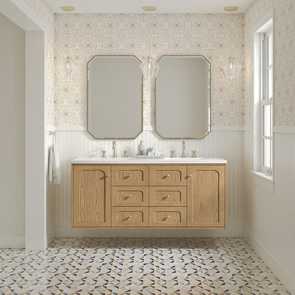 Renovate for Less Atlanta Laurent 60" Double Vanity, Light Natural Oak, w/ 3 CM White Zeus Quartz Top