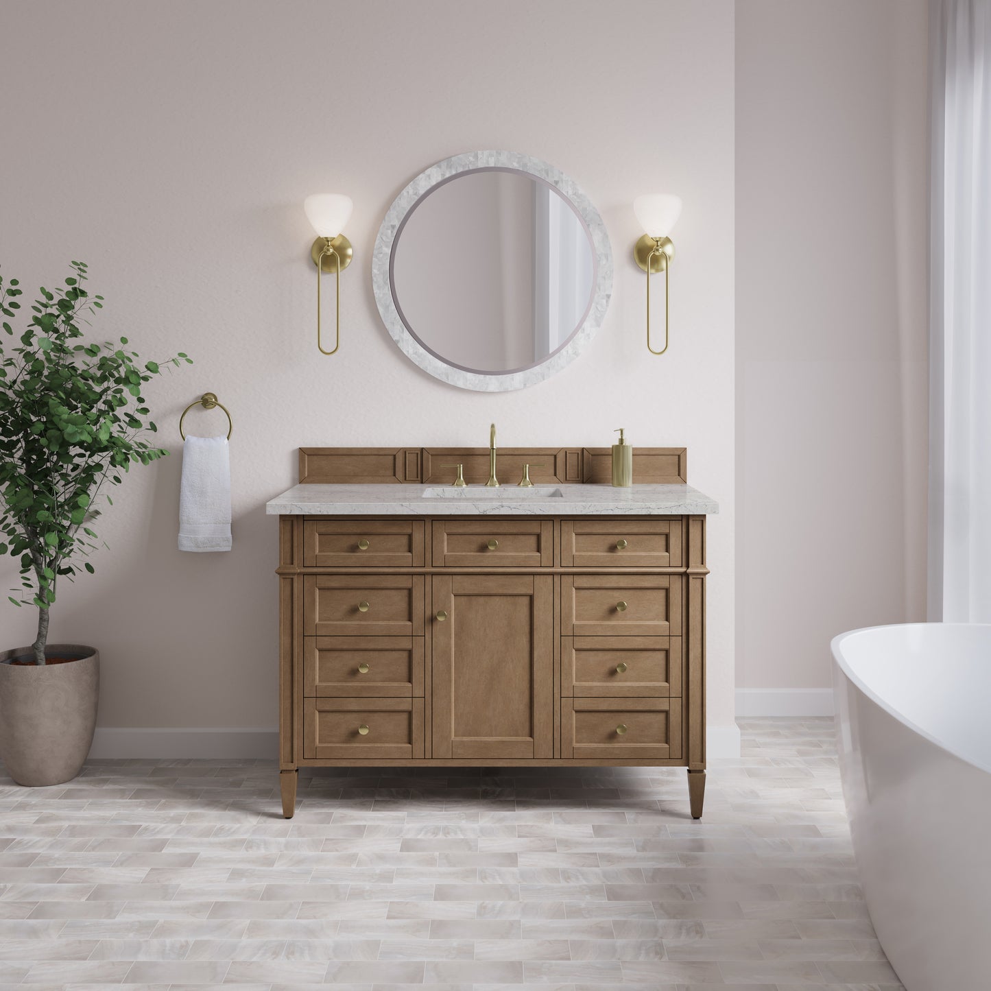 Renovate for Less Atlanta Brittany 48" Single Vanity, Pecan w/ 3 CM Eternal Jasmine Pearl Silestone Top w/FreePower Wireless Charger