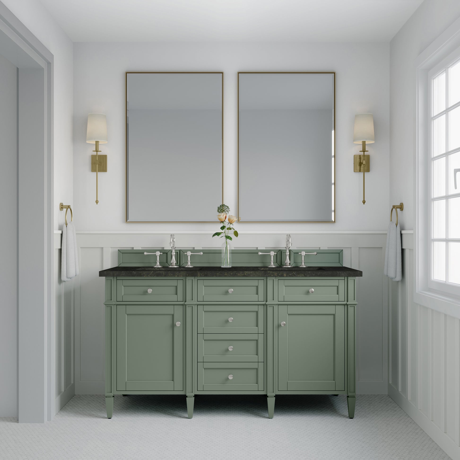Renovate for Less Atlanta Brittany 60" Double Vanity, Smokey Celadon, w/ 3 CM Phantome Eclos Top