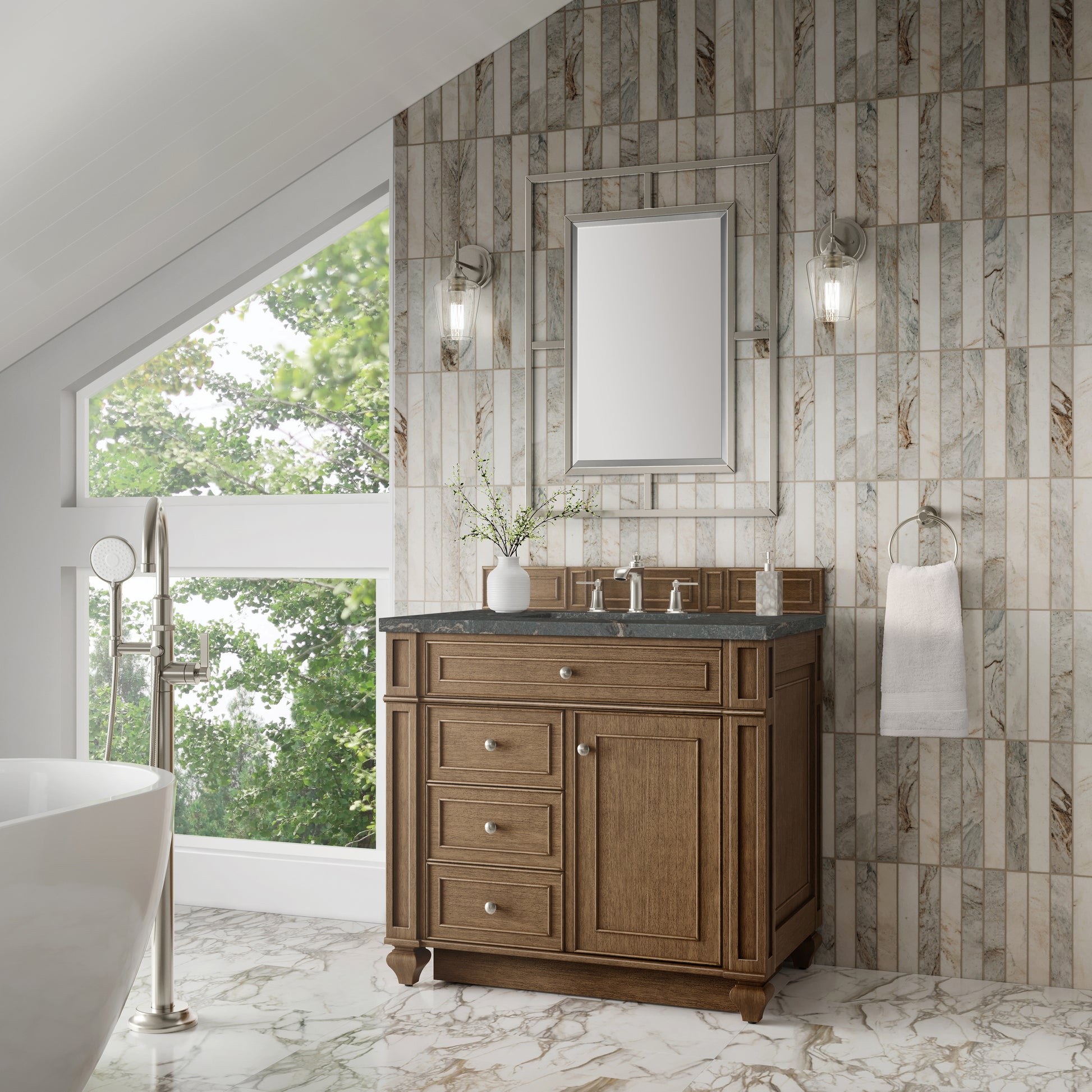 Renovate for Less Atlanta Bristol 36" Single Vanity, Saddle Brown w/ 3 CM Parisien Bleu Silestone Top