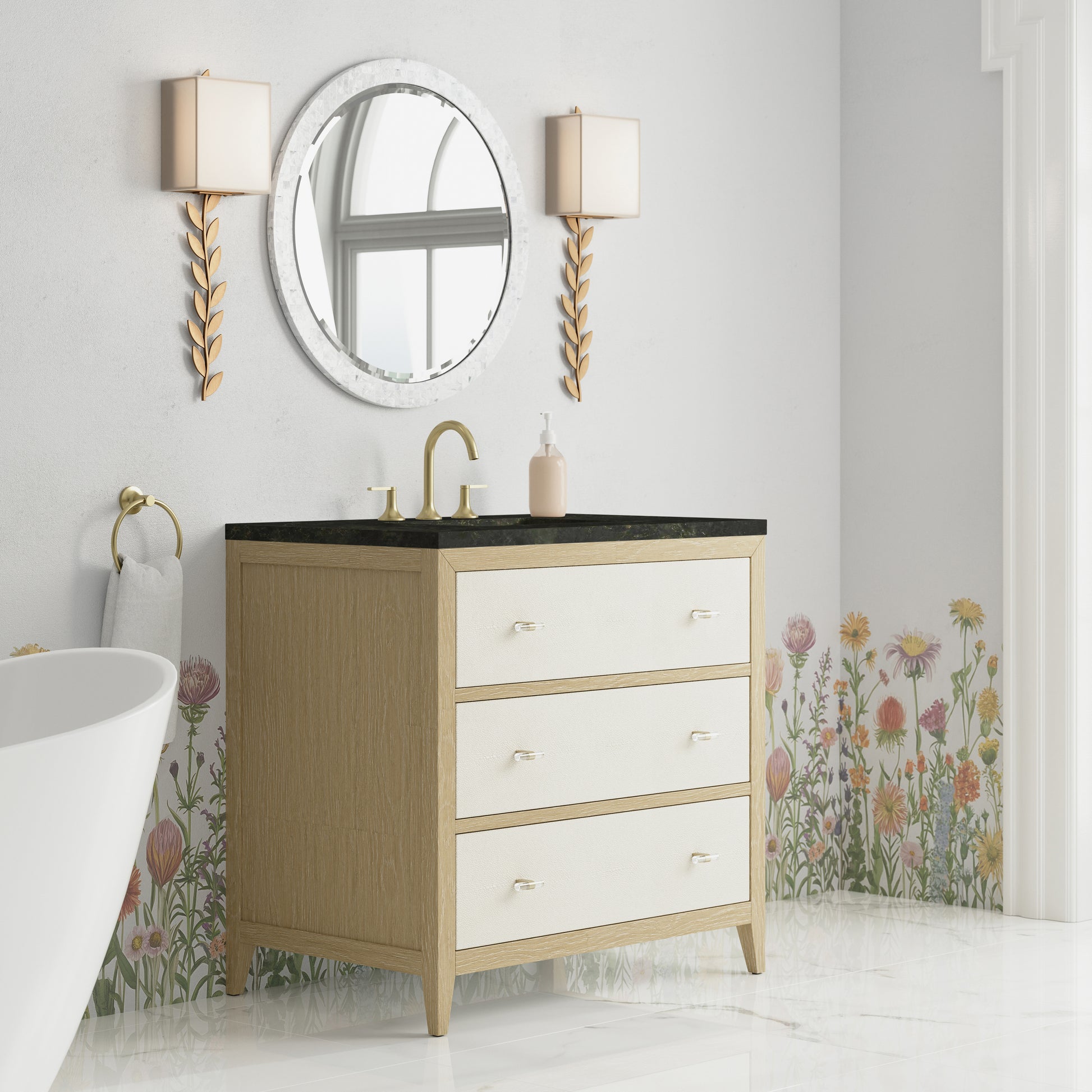 Renovate for Less Atlanta Celeste 36" Single Vanity, Sunwashed Oak with Embossed Shagreen, w/ 3 CM Phantome Eclos Top