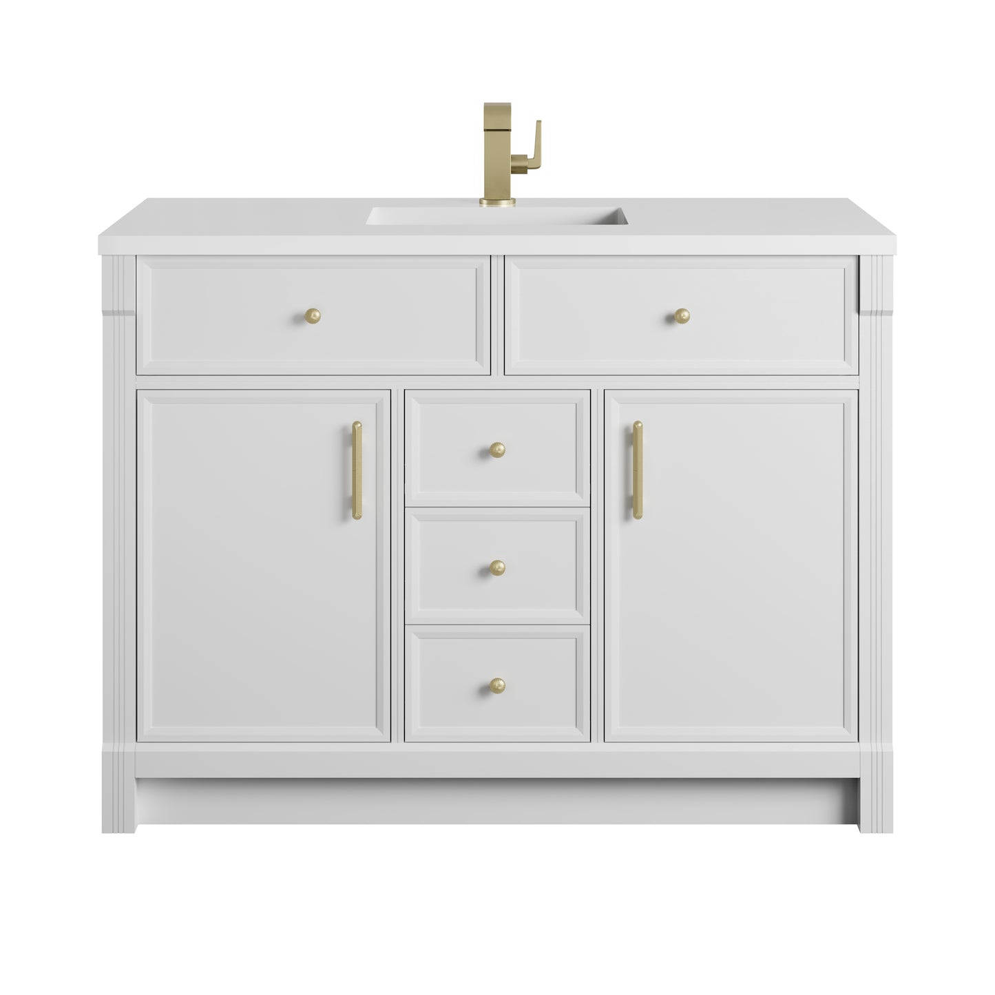 Renovate for Less Atlanta Bellshire 48" Single Vanity, Bright White w/ Single Hole 3 CM White Zeus Silestone Top and Matching Backsplash